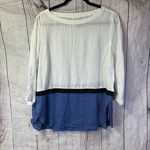 J Jill Linen Blouse Boat Neck Color Block White Blue Black 3/4 Sleeve Tunic Sz M - Picture 1 of 6